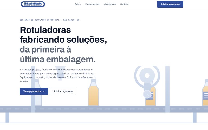 Site da Stahltek Rotuladoras, home com ilustração de linha de produção