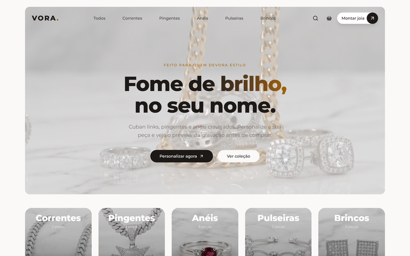 Vora Jewelry, loja iced-out com visualizador 360 graus dos produtos