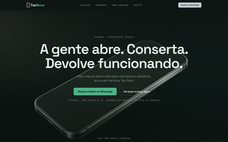 Site da TecNova, home de assistência técnica com celular em destaque antes da desmontagem