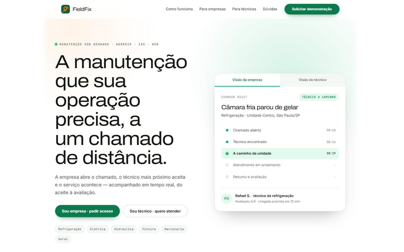 Site do FieldFix, hero com painel de acompanhamento de um chamado de manutenção em tempo real